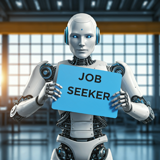 A robot holding a sign that says "Job Seeker" and standing in front of a factory.