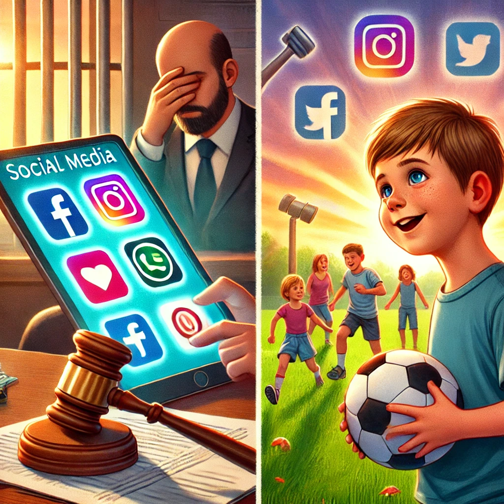 A 7-year-old child looking at a tablet with social media icons, while in the background, children play football in a sunny field, representing a government ban on social media for children.