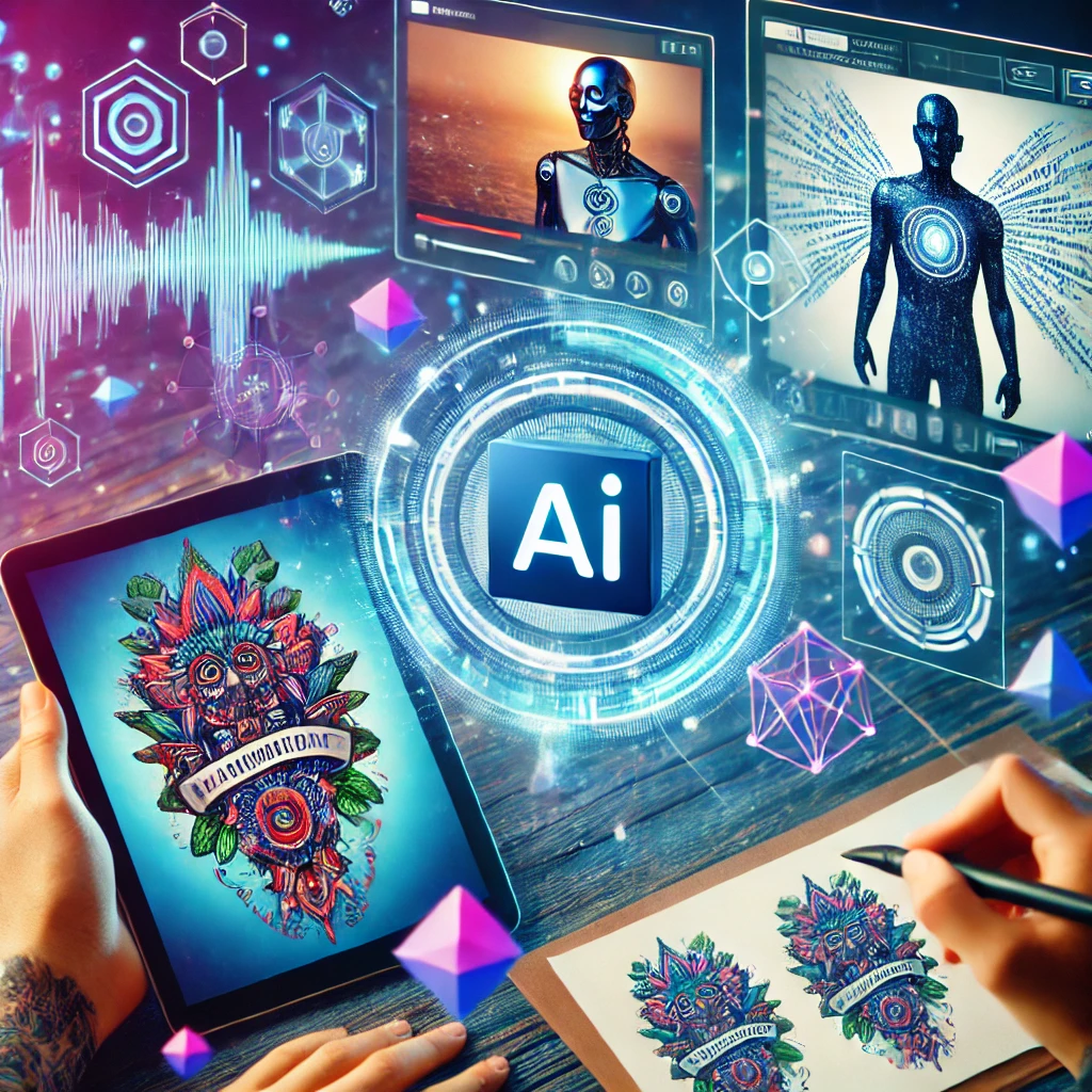 A futuristic scene displaying various AI-generated content, including an AI-designed tattoo on a tablet, an AI-driven video on a screen, and a logo being created digitally. The environment has a high-tech feel, with floating digital elements symbolizing creativity powered by artificial intelligence.