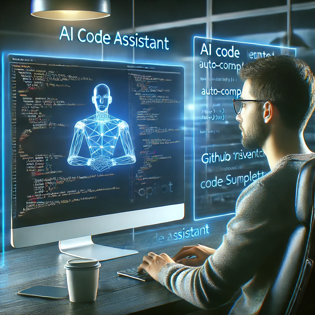 A modern computer setup with a coder seated in front of a large monitor, using an AI code assistant like GitHub Copilot. The screen shows code being auto-completed by the AI, while the coder focuses on the task. A digital overlay displays AI-driven code suggestions, highlighting the automation of programming tasks.