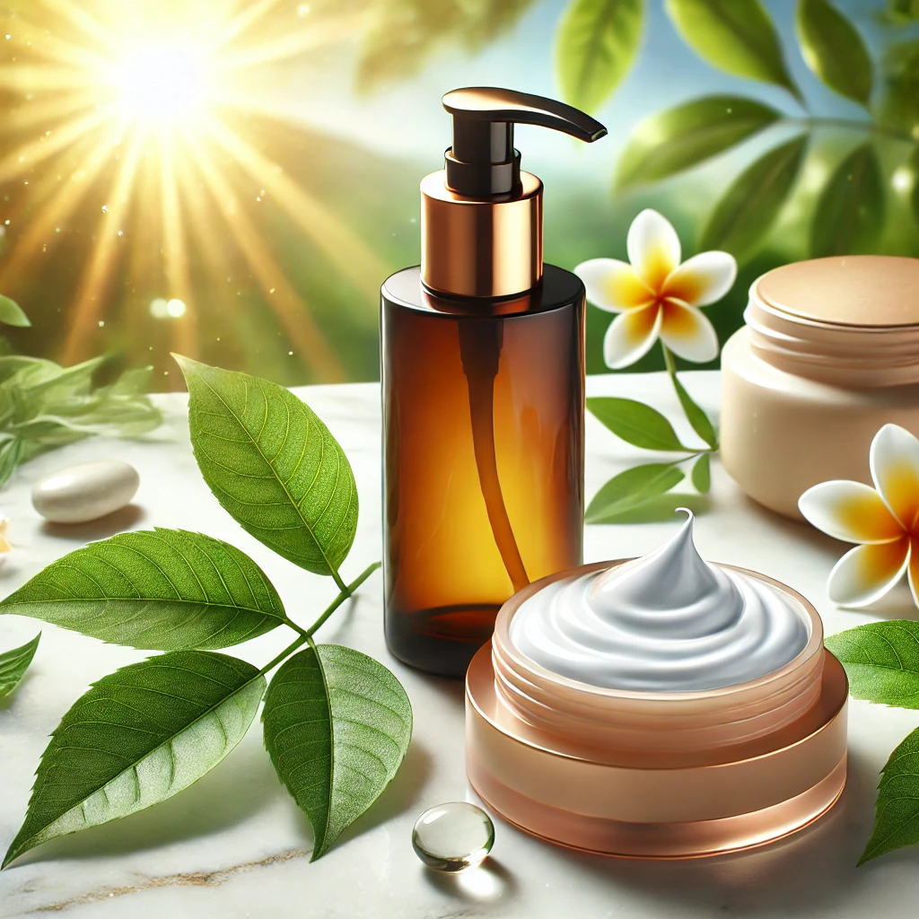 A collection of natural skincare products featuring ceramide, including a luxurious ceramide sunscreen bottle on a marble countertop. The sunscreen is shown with a smooth texture applied to the skin, surrounded by green leaves and a sunny backdrop, highlighting its hydrating and protective qualities.