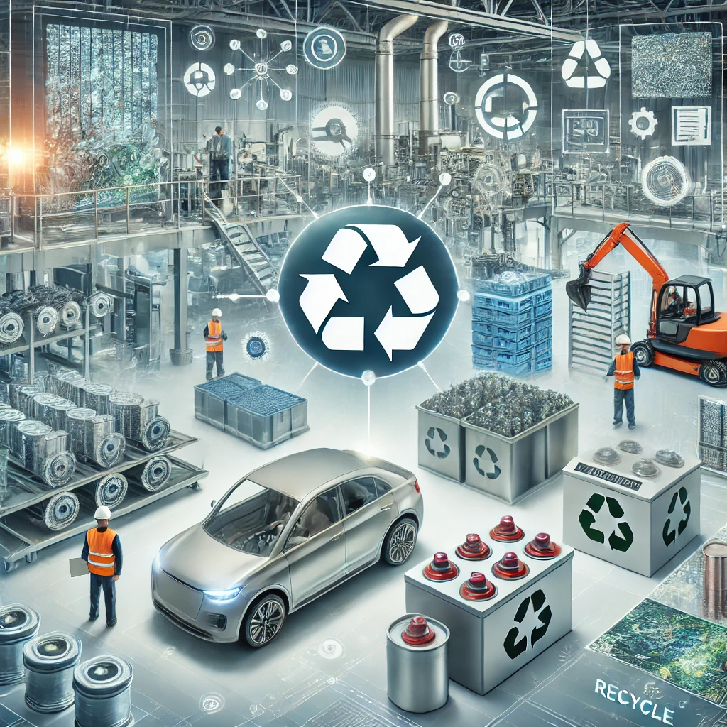 Visual representation of the electric vehicle battery manufacturing process, showcasing various stages and elements like lithium-ion cells and advanced machinery.