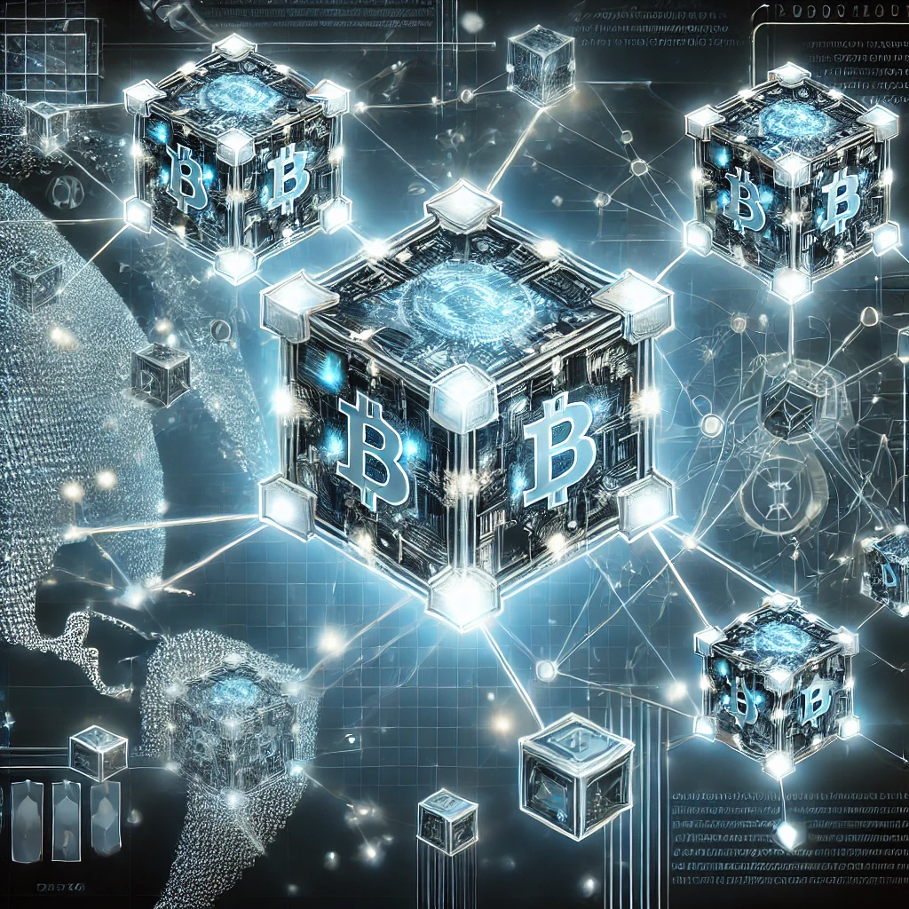 Futuristic blockchain technology illustration with interconnected digital blocks forming a secure, decentralized network, symbolizing encrypted data and global transactions.