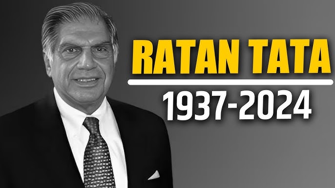 Ratan Tata standing in front of Tata Group's business empire, including skyscrapers, factories, automobiles, and aircraft, symbolizing his leadership.