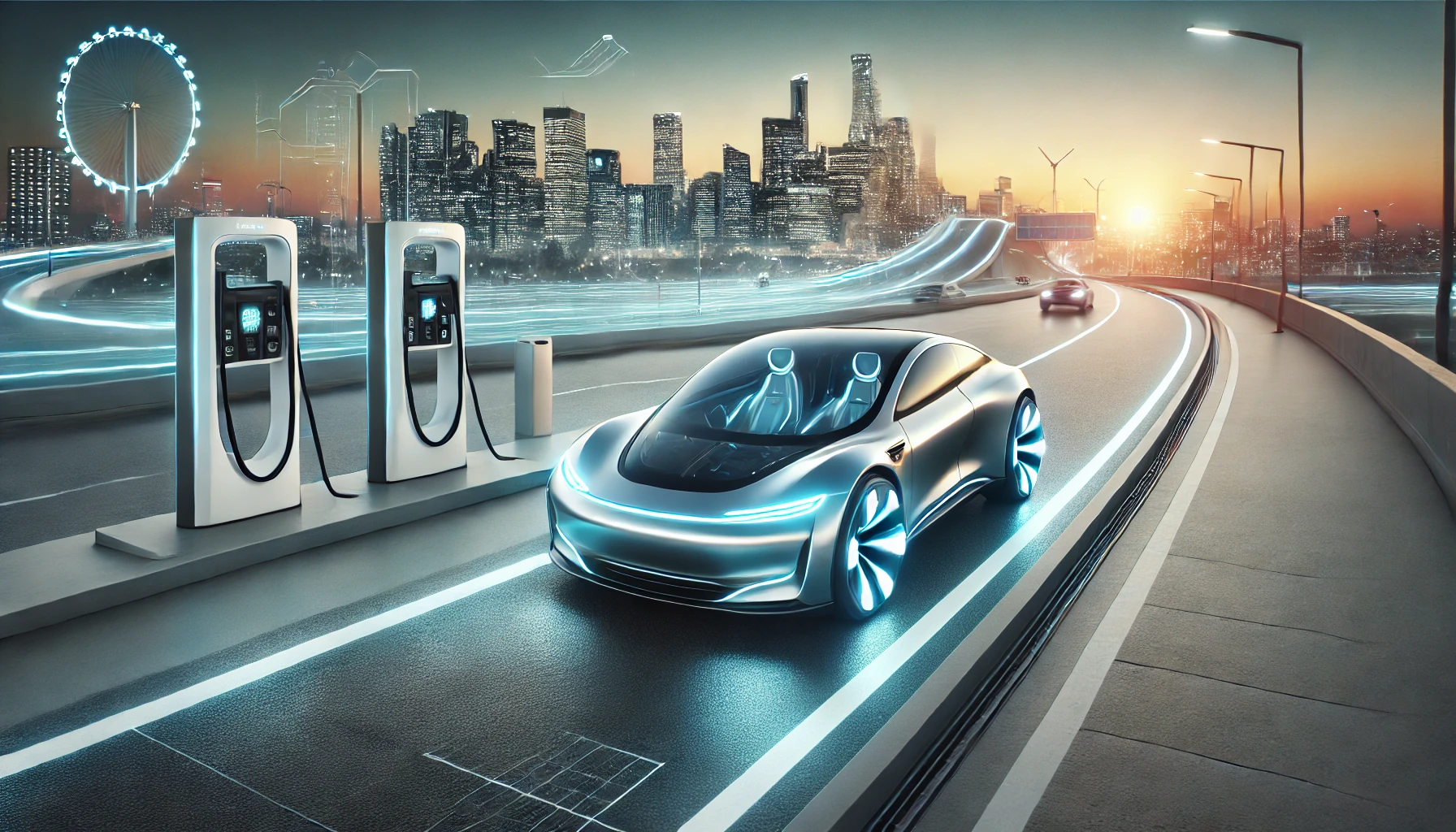 Futuristic electric car on a sleek highway with a city skyline, surrounded by charging stations and a sunset sky, symbolizing the future of electric vehicles